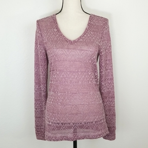 BKE Purple/Pink Long Sleeve Sheer Lace w/Metallic Threading Top, size Large - Picture 1 of 5